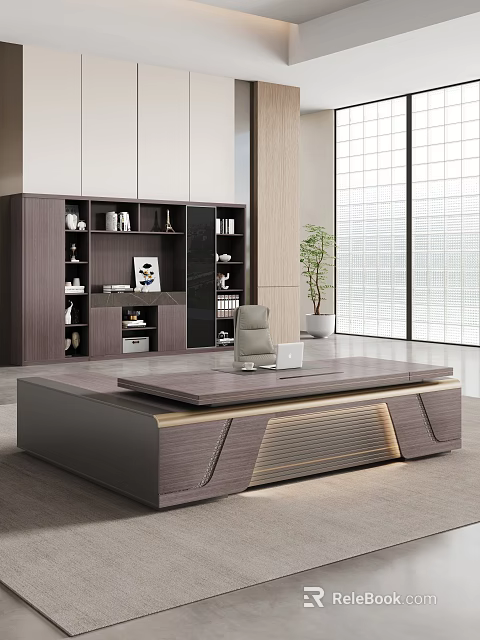 Modern Office Desk Interior With Wooden Surface Laptop Gray Chair Bookshelf And Potted Plant 3d model 