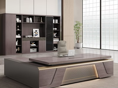 Modern Office Desk Interior With Wooden Surface Laptop Gray Chair Bookshelf And Potted Plant 3d model