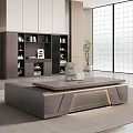 Modern Office Desk Interior With Wooden Surface Laptop Gray Chair Bookshelf And Potted Plant