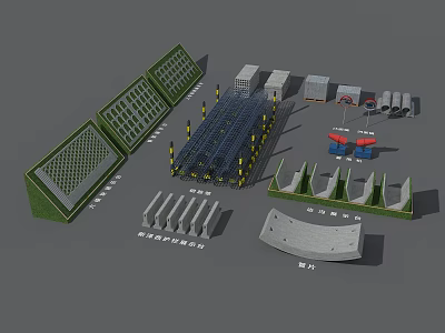 Assorted Construction Building Components Including Concrete Panels Metal Supports Grille Walls And Curved Elements 3d model