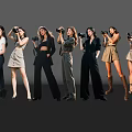 Women with cameras standing in a line with various outfits on gray background