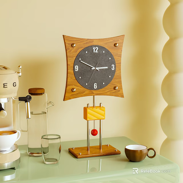 Wooden Square Dial Tabletop Clock With Coffee Accessories And Home Decor 3d model 