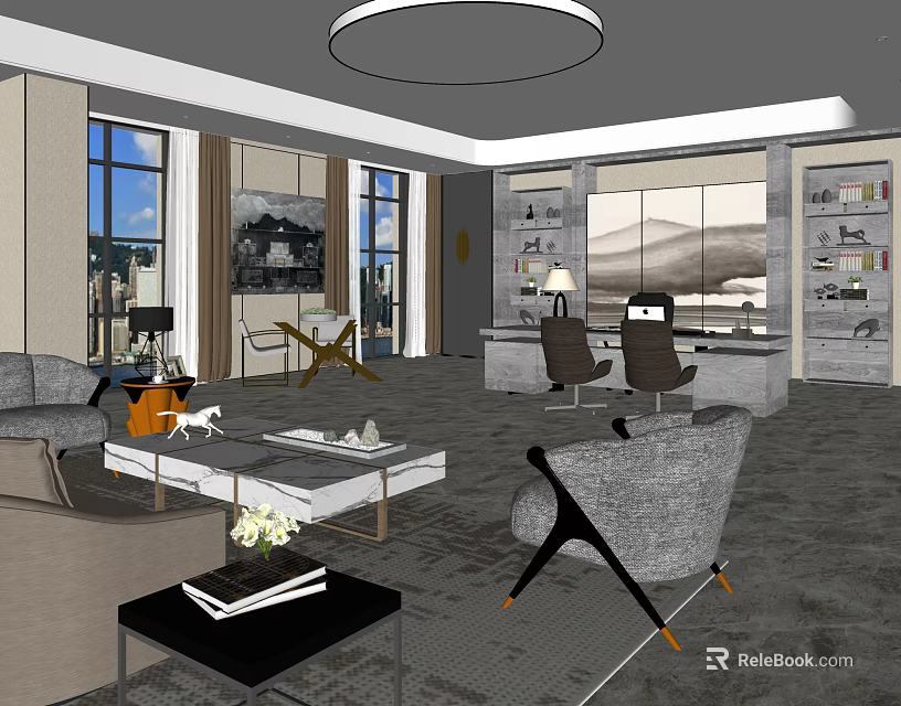 Modern Office Interior Featuring Sofa Coffee Table Desk Chairs Bookshelves And Large Windows 3d model 