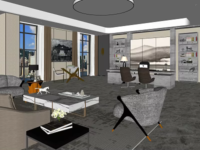 Modern Office Interior Featuring Sofa Coffee Table Desk Chairs Bookshelves And Large Windows 3d model