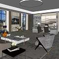 Modern Office Interior Featuring Sofa Coffee Table Desk Chairs Bookshelves And Large Windows