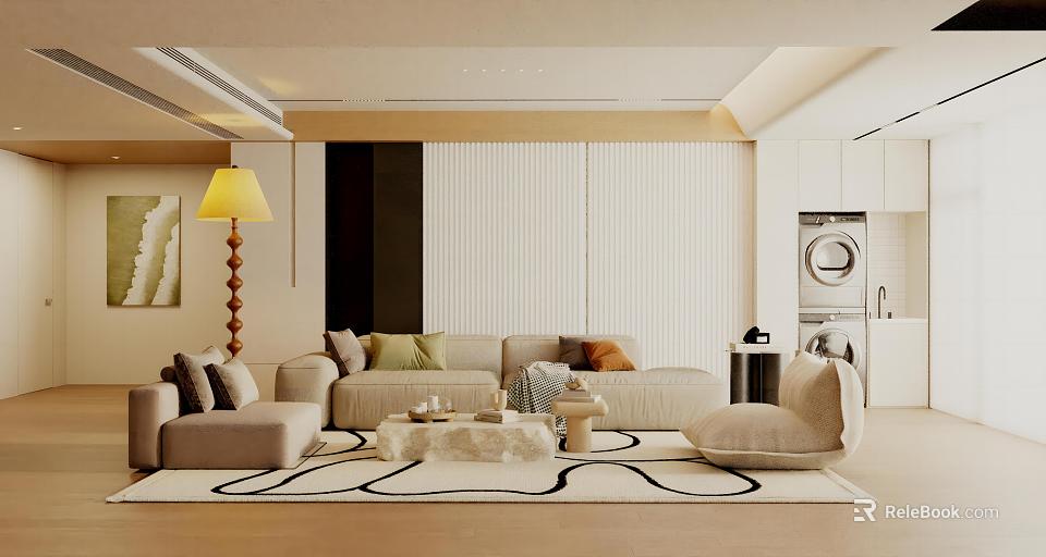 Modern Living Room Interior Design With Beige Sofa Colorful Pillows And Patterned Rug 3d model 