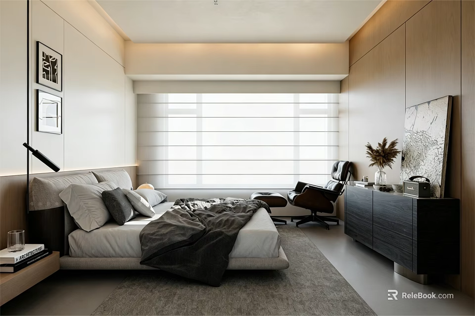 Modern Bedroom Interior With Large Window Blinds Black Armchair And White Gray Bedding 3d model 