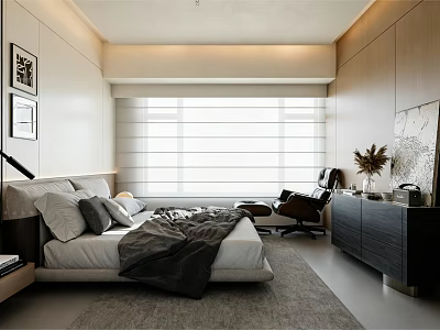Modern Bedroom Interior With Large Window Blinds Black Armchair And White Gray Bedding 3d model