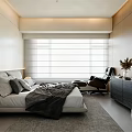 Modern Bedroom Interior With Large Window Blinds Black Armchair And White Gray Bedding
