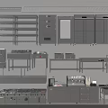 Commercial Kitchen Equipment With Stainless Steel Cooking Stations Storage Cabinets And Shelving Units