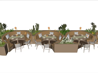 Outdoor Dining Area With Comfortable Dining Chairs Tables Green Plants Cacti And Warm Lighting 3d model