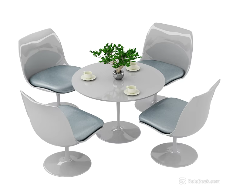 Modern Round Table and Four Chair Set with White Frame and Grey Cushions 3d model