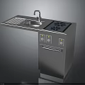 Stainless Steel Kitchen Cabinet Unit With Sink Faucet Cooktop Burners Control Knobs And Cabinet Door