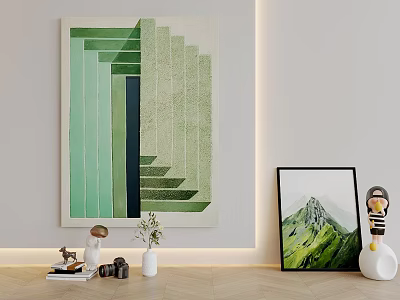Modern Interior With Abstract Green Striped Painting Landscape Art And Decorative Items 3d model