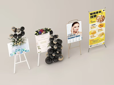 Decorative Display Setup With Easels Posters Flower Arrangements And Spherical Decor 3d model