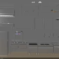 Various Kitchen Utensils Including Cabinets Refrigerator Stove Sink And Shelves
