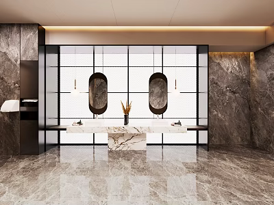 Luxury Modern Public Toilet Interior With Marble Walls Floors And Dual Sink Vanity 3d model