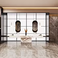 Luxury Modern Public Toilet Interior With Marble Walls Floors And Dual Sink Vanity