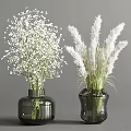 Various Textured Glass Vases Arranged With White Small Flowers Green Leafy Plants And Pampas Grass