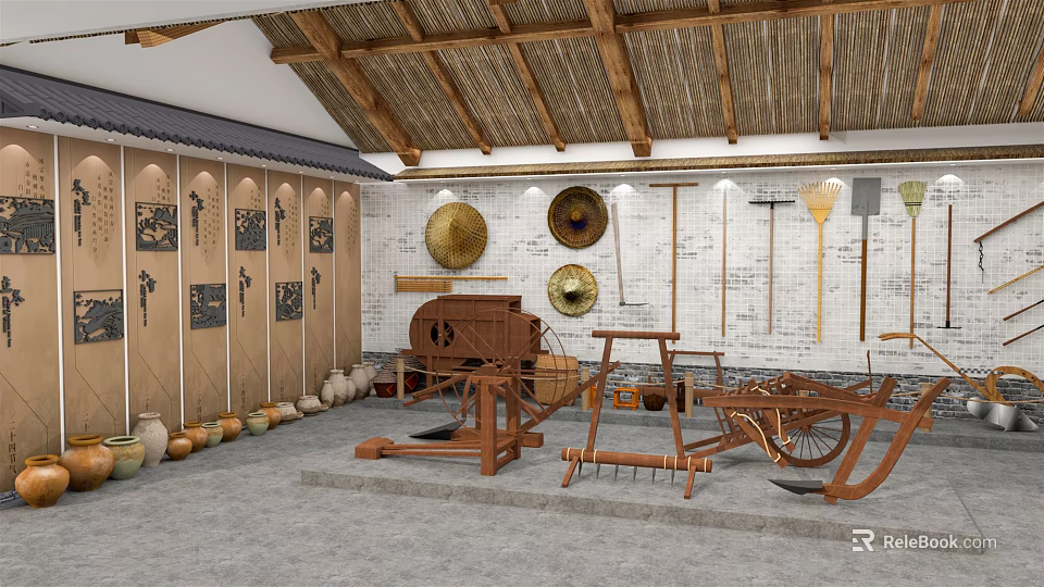 Cultural Museum Interior With Traditional Farm Tools Straw Roof Wall Decorations And Wooden Structures 3d model 