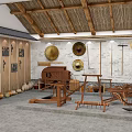 Cultural Museum Interior With Traditional Farm Tools Straw Roof Wall Decorations And Wooden Structures