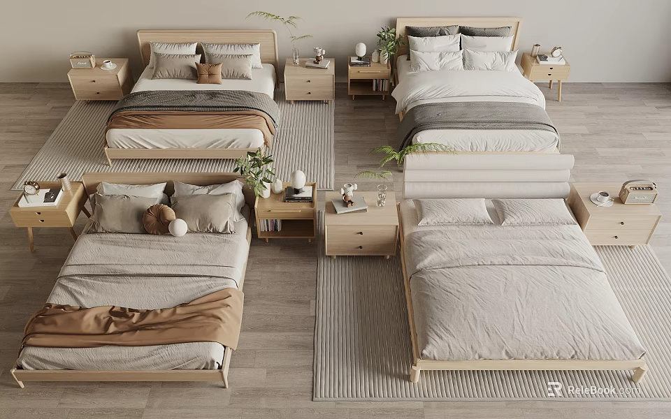 Modern Double Bed Setup with Bedside Tables Rugs and Decorative Green Plants 3d model