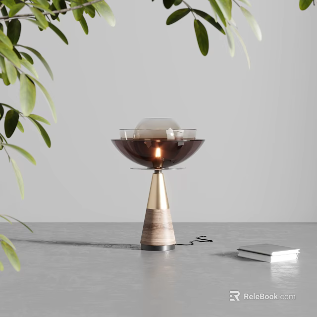 Modern Table Lamp With Spherical Glass Shade And Wooden Base Near Green Leaves 3d model 