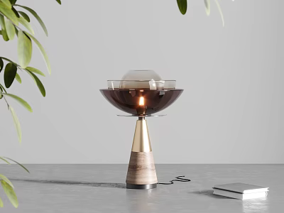Modern Table Lamp With Spherical Glass Shade And Wooden Base Near Green Leaves 3d model