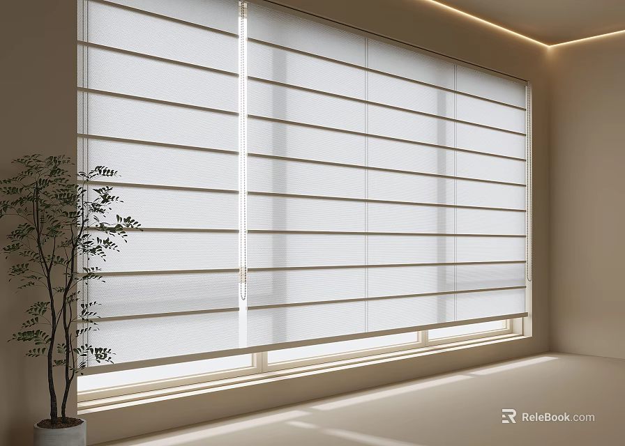 White Horizontal Blinds for Modern Minimalist Interior with Natural Light and Potted Plant 3d model 