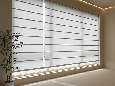 White Horizontal Blinds for Modern Minimalist Interior with Natural Light and Potted Plant 3d model