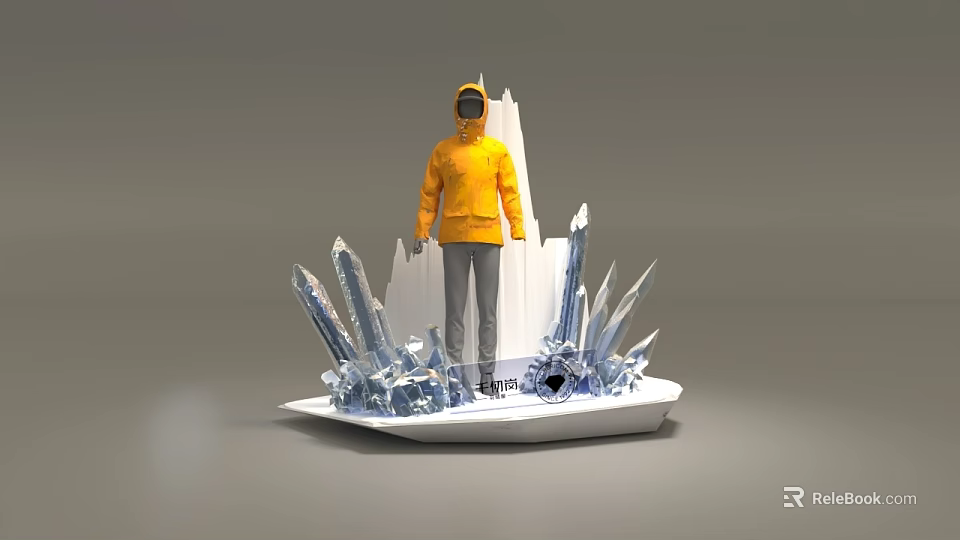 Figure In Yellow Hooded Jacket Surrounded By Blue Ice Crystals On White Base 3d model 