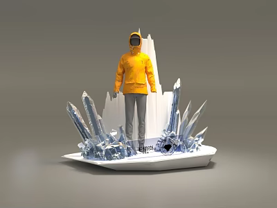 Figure In Yellow Hooded Jacket Surrounded By Blue Ice Crystals On White Base 3d model