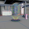 Industrial Interior Landscape Featuring Green Geometric Shape Blue Base And Colorful Lines