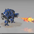 Blue Mech Warrior Character With Flamethrower And Gun Firing Flames On Textured Base
