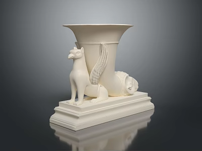White Classical Garden Ornament With Winged Cat Sculpture And Pedestal Base 3d model