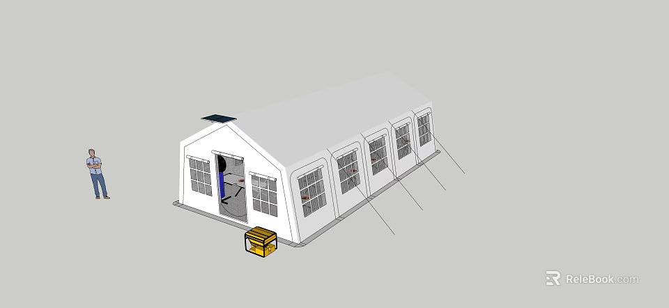 Outdoor White Canopy Structure With Multiple Windows And A Yellow Box 3d model