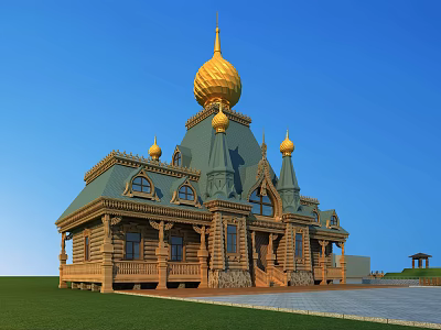 Russian Style Architecture With Golden Onion Dome Green Roof And Wooden Structure Under Blue Sky 3d model