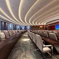 Spacious Modern Conference Room With Rows Of Seats Large Screen And Curved Ceiling