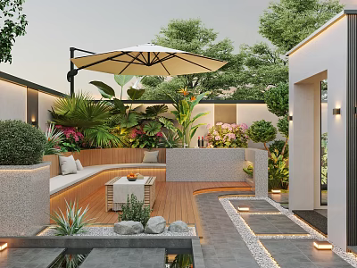 Courtyard Garden Design With Outdoor Seating Area Patio Umbrella Lush Plants And Stone Pathway Lights 3d model