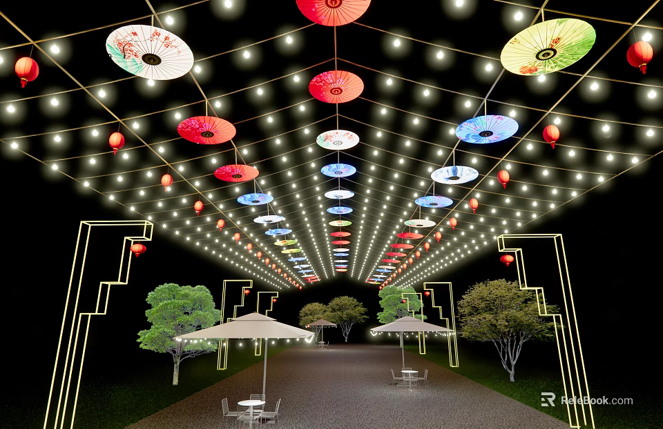 Outdoor Lights with Colorful Umbrella Shaped Decorations String Lights and Trees in Outdoor Area 3d model 