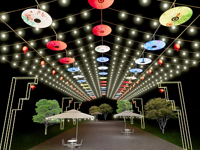 Outdoor Lights with Colorful Umbrella Shaped Decorations String Lights and Trees in Outdoor Area 3d model