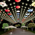 Outdoor Lights with Colorful Umbrella Shaped Decorations String Lights and Trees in Outdoor Area