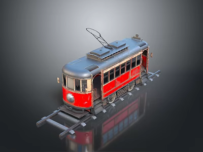 Red Electric Tram With Silver Roof Windows And Tracks On Dark Background 3d model