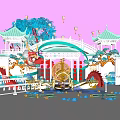 Traditional Modern Fusion Commercial Landscape With Chinese Architecture Lanterns And Water Reflection