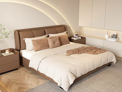 Modern Double Bed With Brown Headboard And Pillows White Quilt Bedside Tables Lamps Soft Lighting 3d model