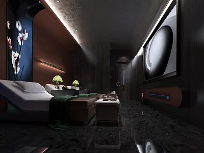 Luxury SPA Sauna Interior With Massage Beds Ambient Lighting And Green Plants 3d model