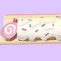 Pink Cake Roll With Spiral Interior White Frosting Pink Stripes And Red Cherries On Tray