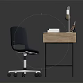 Wooden Office Desk With Black Chair Table Lamp Books Photo Frame And Tablet