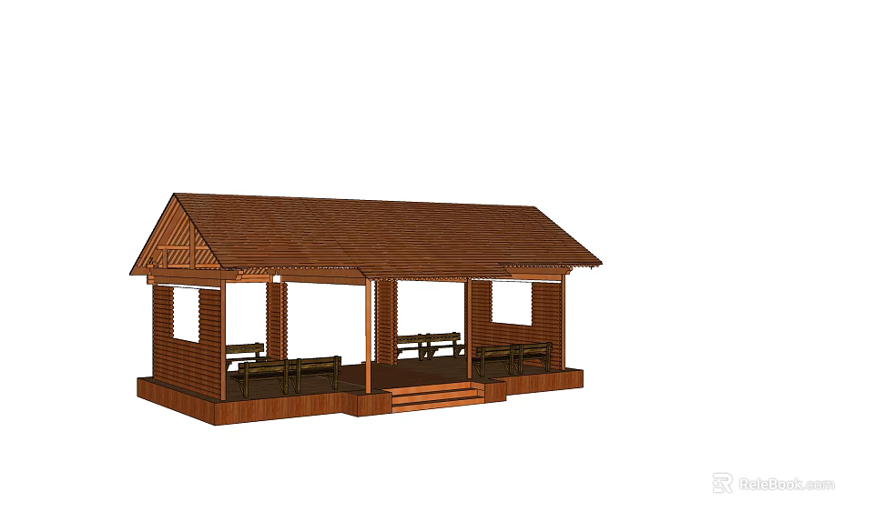 Wooden Garden Pavilion With Benches Steps And Classic Roof Design 3d model 