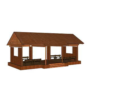 Wooden Garden Pavilion With Benches Steps And Classic Roof Design 3d model